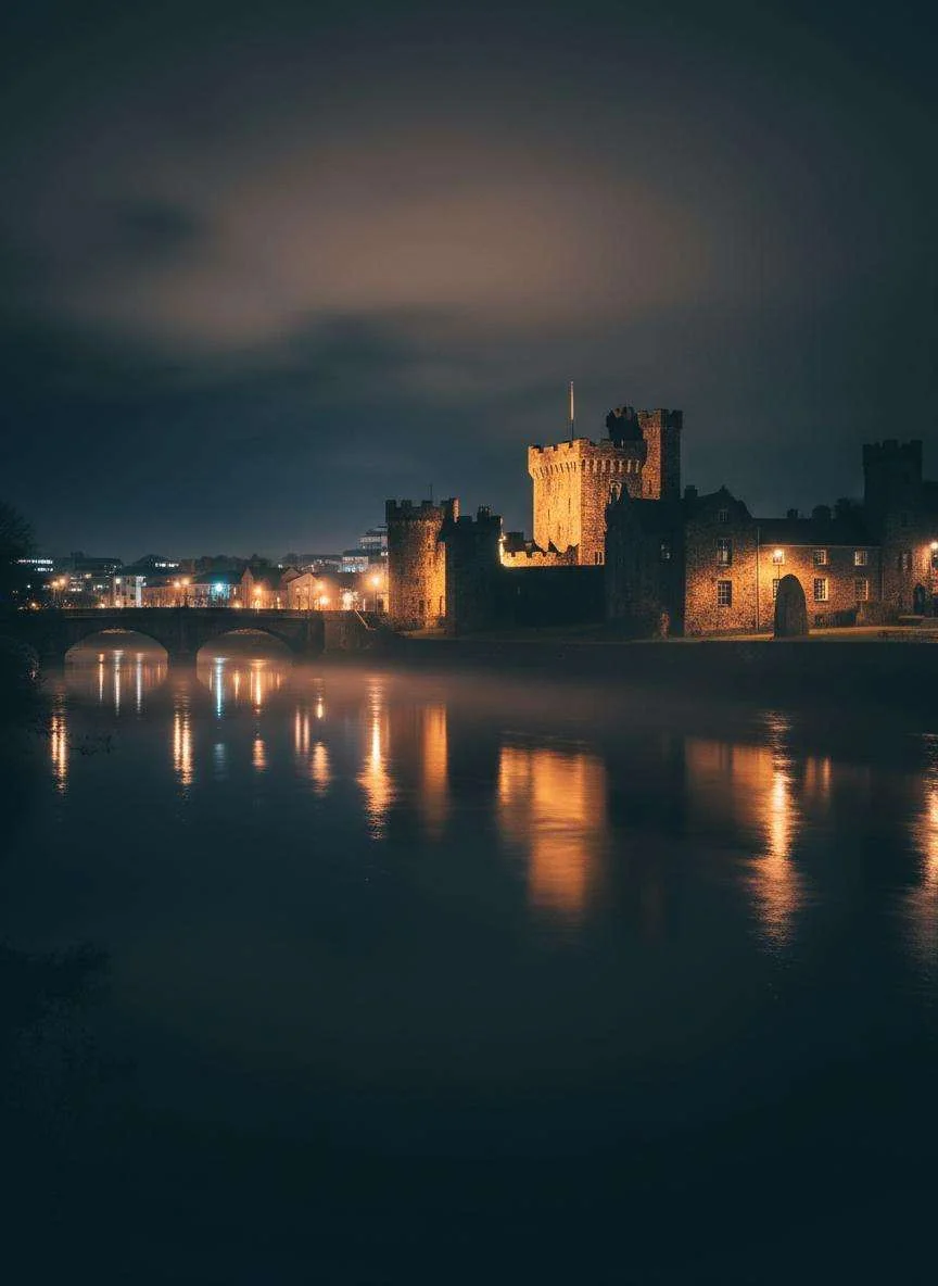 Limerick city at night with historic castle on the Shannon